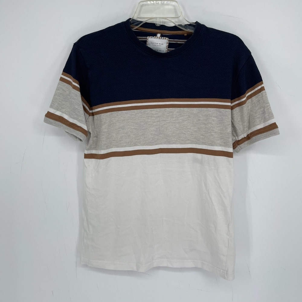 Cactus Man Men's Navy Striped Colorblock Waffle Knit Crewneck Tee T-Shirt Size M
